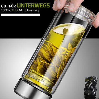 Double-walled glass tea bottle, 1 liter, with 2-in-1 stainless steel strainer for on-the-go use. 1000ml large volume, tea bottle 100% leak-proof, 1 l