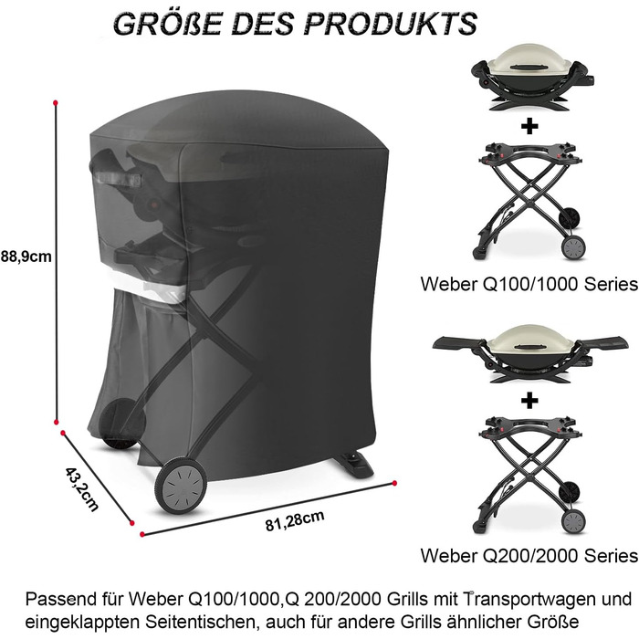 Чохол для гриля Weber Q100/Q200/Q1000/Q1200/Q1400/Q2000/Q2200/Q2400 на візку, водонепроникний, зносостійкий 600D Oxford, захисна кришка для барбекю з переносною підставкою