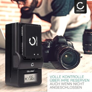 Зарядний пристрій CELLONIC DE-A84A для камер Panasonic Lumix DMC-FZ72, FZ100, FZ150, FZ40, FZ45, FZ47, FZ60, FZ48, FZ62, FZ70, DC-FZ82 з дисплеєм та кабелем