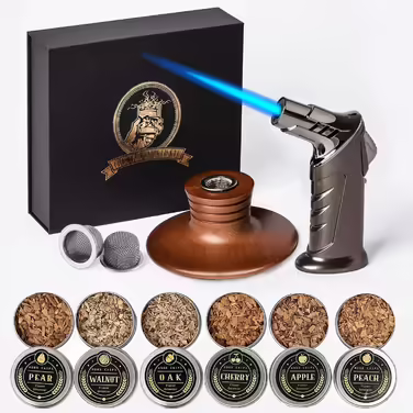 Cocktail Smoker Set with Flashlight and Aromatic Wood Shavings for Whiskey and Bourbon, Vintage Fireplace Drink Smoker Set for Whiskey, Wine, Gift for Father, Husband, and Cocktail Enthusiasts