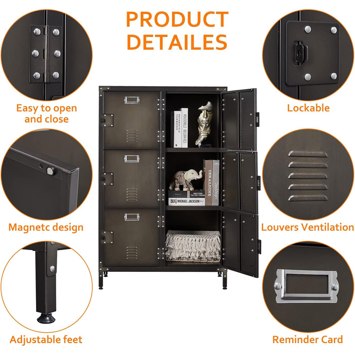 Metal locker with lockable doors, industrial steel cabinet for school, home, office, garage, H140*W38*D46 cm (6 doors)