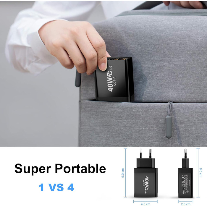 Подвійний зарядний пристрій USB-C 40W з 4 портами (USB-C та USB-A), PD 3.0, для iPhone, Samsung, iPad, Tablet, 2 шт., чорний
