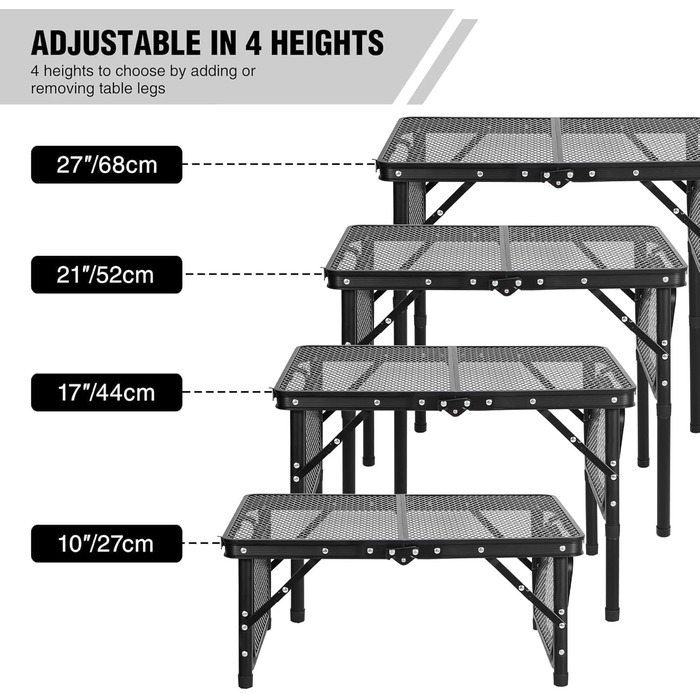 Складний стіл для кемпінгу REDCAMP 60x40 см для пікніка, BBQ, приготування їжі. Легкий, алюмінієвий, з регульованими ніжками, чорний (90x41 см)