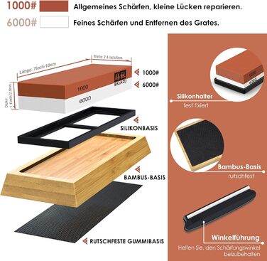Професійний двосторонній точильний камінь SHAN ZU 1000/6000 для кухонних ножів з нековзким силіконовим тримачем