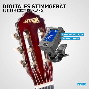 MAX SoloArt Акустична гітара 4/4 для початківців - Комплект з чохлом, тюнером, медіатором, ременем та аксесуарами