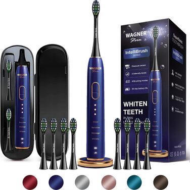 Електрична зубна щітка Wagner Stern IntelliBrush Series Whitening з датчиком тиску, 4 режими чищення, 3 інтенсивності, 8 насадок та дорожній футляр (Ozeanblau)