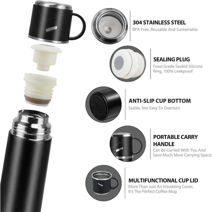 Термос IAGORYUE з нержавіючої сталі, 0,55л, з ізоляцією, витокозахисним кришкою та ручкою, двостінний, зберігає тепло/холод до 12 годин, для спорту, офісу, відпочинку на природі, чорний