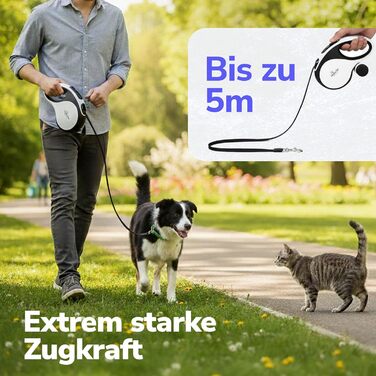 Рулетка для собак 5 м з тримачем для відходів – витяжна повідка для собак будь-якого розміру – повідка з нейлоновою стрічкою 360°, антиковзним руків'ям та кнопкою швидкого гальмування – повідка для собак до 30 кг