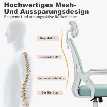 Офісний стіл Naspiro Bürostuhl: ергономічний стілець з сітчастою спинкою, підтримкою попереку, м'яким сидінням та регулюванням висоти. Кольори: сірий (зелений), з підголівником. Для дому та офісу.