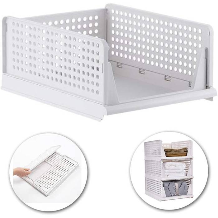 Ygapuzi 2 Pack Stackable Clothes Storage Basket Organizer Drawer Cabinet Shelf Divider Separator Desktop Container for Closet Wardrobe Kitchen Bathroom Office (White - 2Pack)