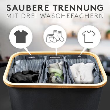 FALKENWERK Laundry Basket with Lid 145L - Water-Repellent Laundry Collector with 3 Compartments & Removable Laundry Bags - Foldable Laundry Box with Washing Instructions - Laundry Basket 3 Compartments