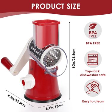 Ручна тертка для сиру та овочів Diealles Shine з 3 змінні леза з нержавіючої сталі, з кришкою, для сиру, овочів, горіхів, кабачків, моркви (червона)
