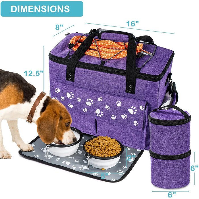 Сумка для собак у подорожі, схвалена авіаперевізниками, з контейнерами для корму та складними мисками (XL), фіолетовий