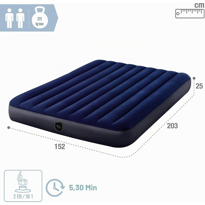 Повітряний матрац Intex Dura-Beam Fiber-Tech двоспільний для кемпінгу та гостей (152 x 203 x 25 см), надувне ліжко до 272 кг, арт. 64758