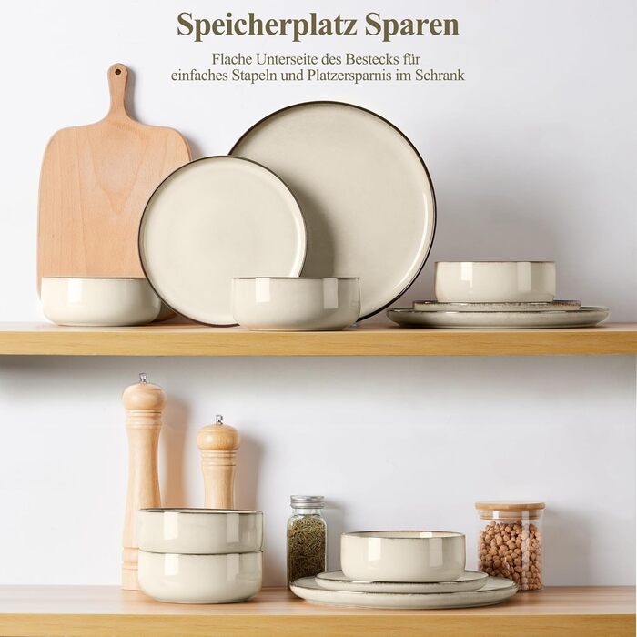 Сервіз посуду Joyfair на 6 осіб, 18 предметів, кераміка, з реактивною глазурью, тарілки для їжі, десертні тарілки, миски для каші, підходить для мікрохвильової печі та посудомийної машини, (Riff Khaki)