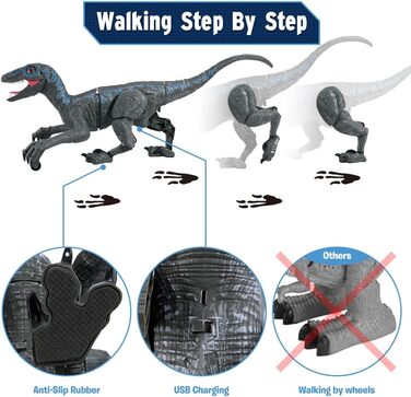 Дитяча іграшка-динозавр на радіоуправлінні Velociraptor, електронний, з LED підсвіткою та реалістичними звуками, 2.4 ГГц, подарунок для дітей, сірий