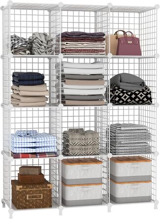AWTATOS Regal 12 Regal Wire Cube Stackable Shelf Cube DIY Metal Grid Shelf Cube Bookshelf Cube Shelf With Doors For Living Room, Bedroom, Bathroom USCIH12BE (Large, White)
