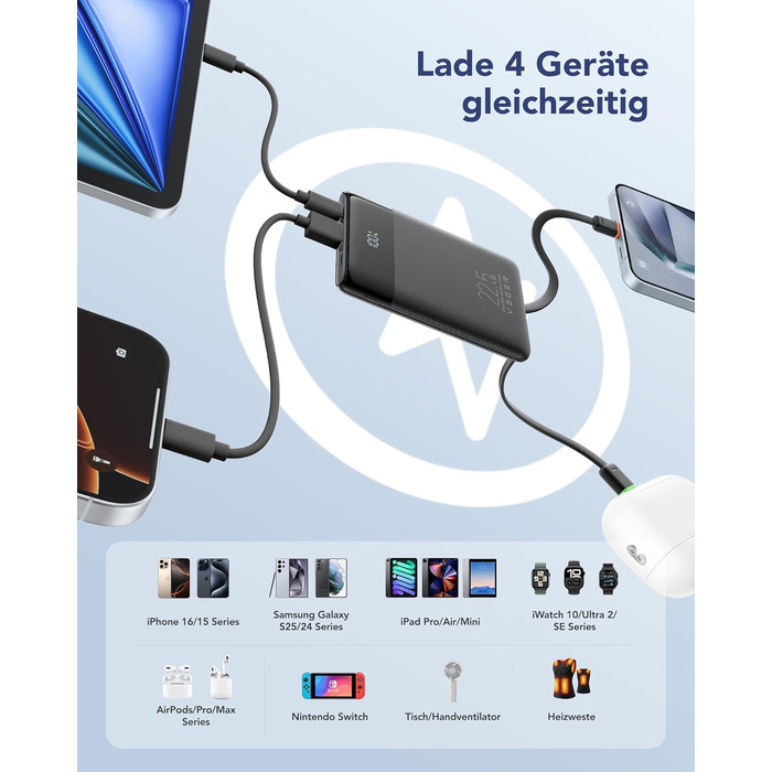Повербанк VEGER 10000mAh 22.5W з вбудованим кабелем USB-C, швидка зарядка, чорний