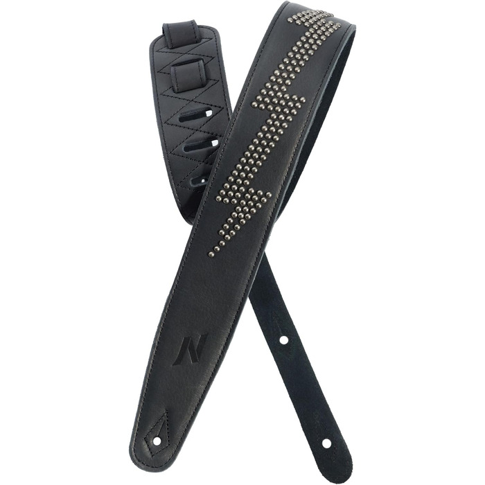 Гітарний ремінь Nefelibata з повномісної шкіри, з підкладкою з піни, з металевими заклепками, для електро-, акустичної та бас-гітари (2,5 см, чорний карбон) (Blitzschlag)