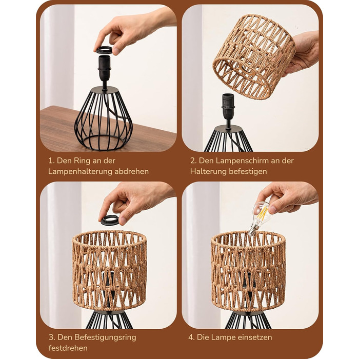 EDISHINE Настільна лампа, сучасний індустріальний дизайн, цоколь E14, вінтажний стиль, для спальні, вітальні, бежево-чорний колір (ротанг + чорний)