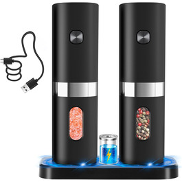 Salt and Pepper Shakers Electric 2-Piece Set, Automatic Pepper Grinder with Charging Station, USB Rechargeable Spice Grinder Electric, Adjustable Coarseness, One-Hand Operation, Ceramic Grinder, LED Light