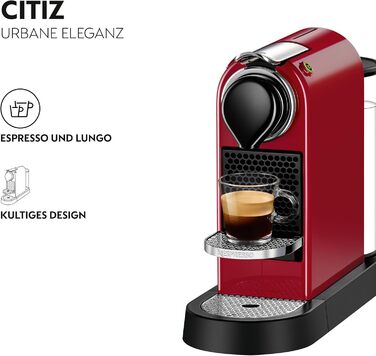 Кавова машина Krups Nespresso CitiZ XN7415, капсульна, 1260 Вт, 19 бар, резервуар 1 л, червона