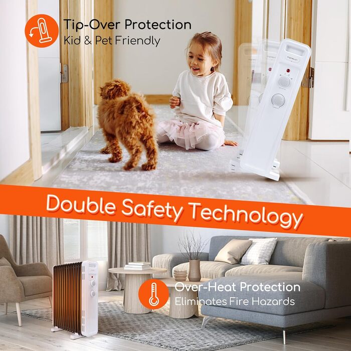 Електричний масляний радіатор Aigostar 2500W з термостатом, 13 ребер, 30м², 3 режими, захист від перекидання та перегріву