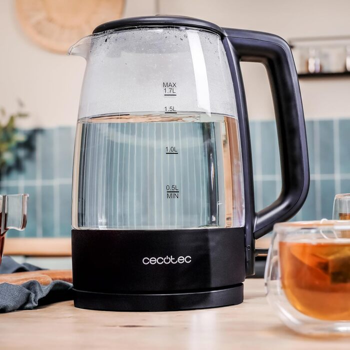Скляний електрочайник Cecotec ThermoSense 340 Clear, 1.7 л, 2200 Вт, боросилікатне скло, LED-індикація, чорний