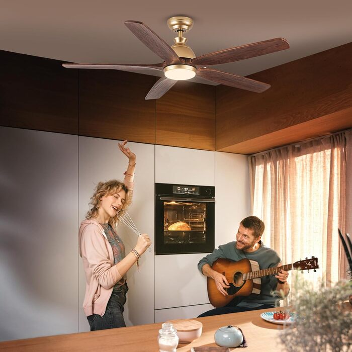 Дзеркальний вентилятор для стелі з дерева, без освітлення, з пультом керування, тихий, для вологого приміщення, 132 см (52 дюйми), коричневий, 5 лопатей
