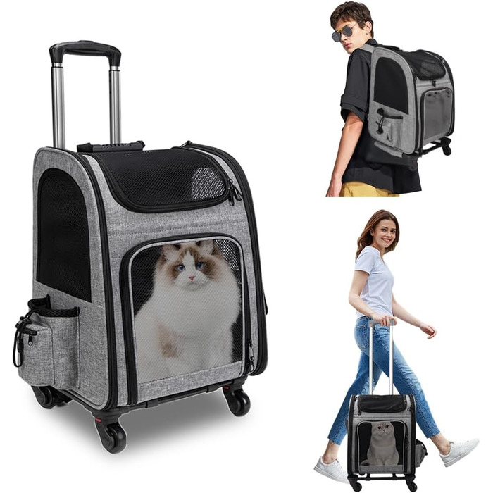 Транспортна переноска для котів та собак на колесах, 360° обертання, з кишенями, вантажний візок-рюкзак, портативна та дихаюча, для маленьких собак та середніх котів до 15 кг