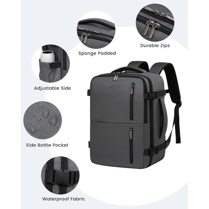 LOVEVOOK Рюкзак для подорожей, ручна поклажа, 40x30x20 см, 24л, для ноутбука 14 дюймів, сірий