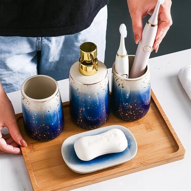 Набір аксесуарів для ванної кімнати GIBZ: мильниця, тримач для зубних щіток, дозатор мила, стаканчик. Кераміка, блакитний колір