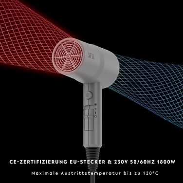 Фен AINA з дифузором для волосся | Іонська технологія, керамічне покриття, холодний струмінь | Швидке сушіння та блиск, 230V~ (Сірий)