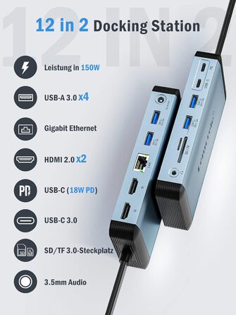 Док-станція USB-C 12 в 1: 3 монітори, HDMI, VGA, Ethernet, USB 3.0, PD 100W, SD/TF, AUX для Windows/Mac/Dell/HP