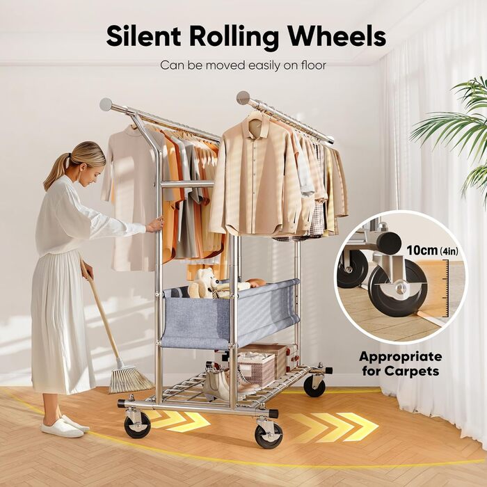 Вішалка для одягу HOKEEPER на коліщатках, вантажопідйомність 204 кг, висувна штанга для одягу