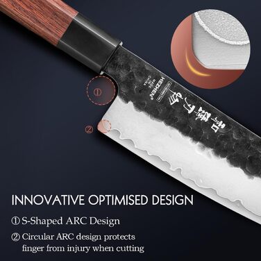 Японський ніж Santoku 18,5 см Hezhen, кухонний, з кованого сталі, з дерев'яною ручкою