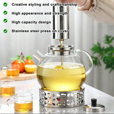 Скляний чайник з боросилікатного скла 1.5л з ситечком, підставкою для підігріву та кришкою — термостійкий чайник для листового, фруктового та пакетованого чаю, придатний для посудомийки