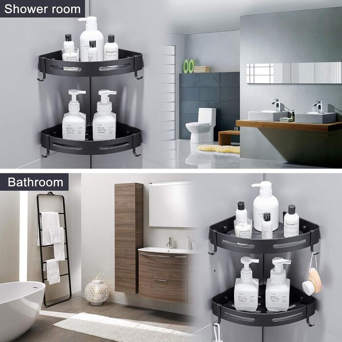 Hoomtaook Shower Corner Shelf, Shower Basket, Shower Shelves, No Drilling Required for Bathroom, Matte Finish, Bathroom Shelf, 2 Pieces Black