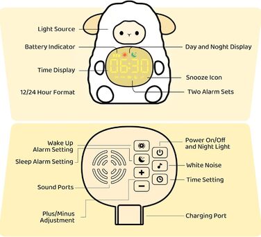 Alarm clock with night light for children, featuring sleep training and sound machine functions, rechargeable silicone wake-up lamp, cute animal table lamp, perfect sleep companion for boys and girls.