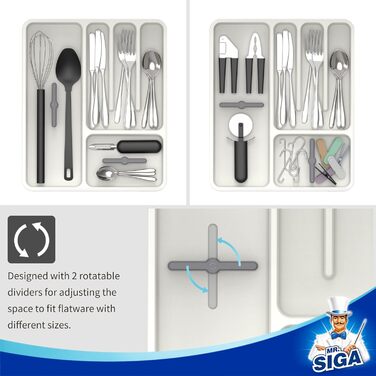 MR.SIGA Expandable Cutlery Box for Drawers, Utensil Holder Kitchen, Adjustable Cutlery Organizer for Cutlery, Kitchen Gadgets and Cooking Accessories, White & Grey