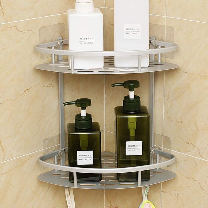 Поличка для душу Hawsam Badregale з алюмінію на 2 рівні, органайзер для шампуню, без свердління (срібло-трикутник)