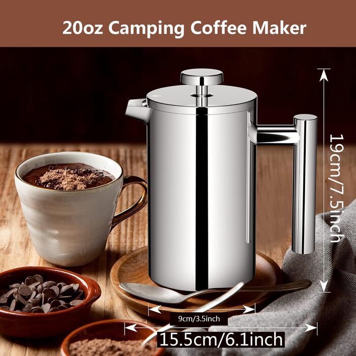 Френч-прес для кави, 600 мл, нержавіюча сталь, з 3-рівневою фільтрацією, подвійні стінки, з ложкою, сріблястий