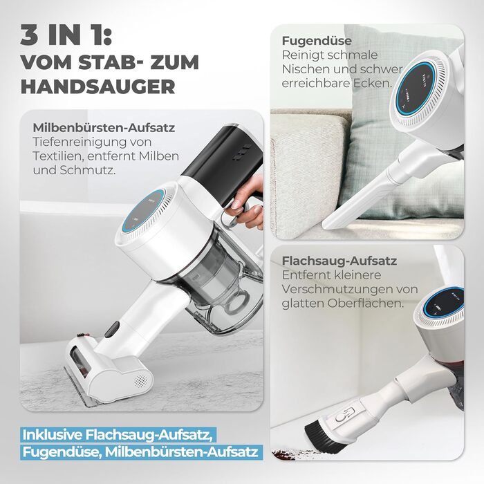 Бездротовий акумуляторний пилосос 2-в-1 Klamer з HEPA-фільтром для дому, авто та килимів. Час роботи до 45 хв. (Білий/Срібний)