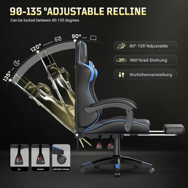 Ігрове крісло Bigzzia Ergonomic Gaming Stuhl з підставкою для ніг та функцією масажу, синій