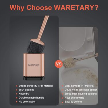 Набір для чищення унітазу Waretary з силіконовою щіткою та підставкою з нержавіючої сталі, гнучкий наконечник для глибокого очищення, швидковисихаючий, для кріплення на стіні та встановлення на підлогу, золотий