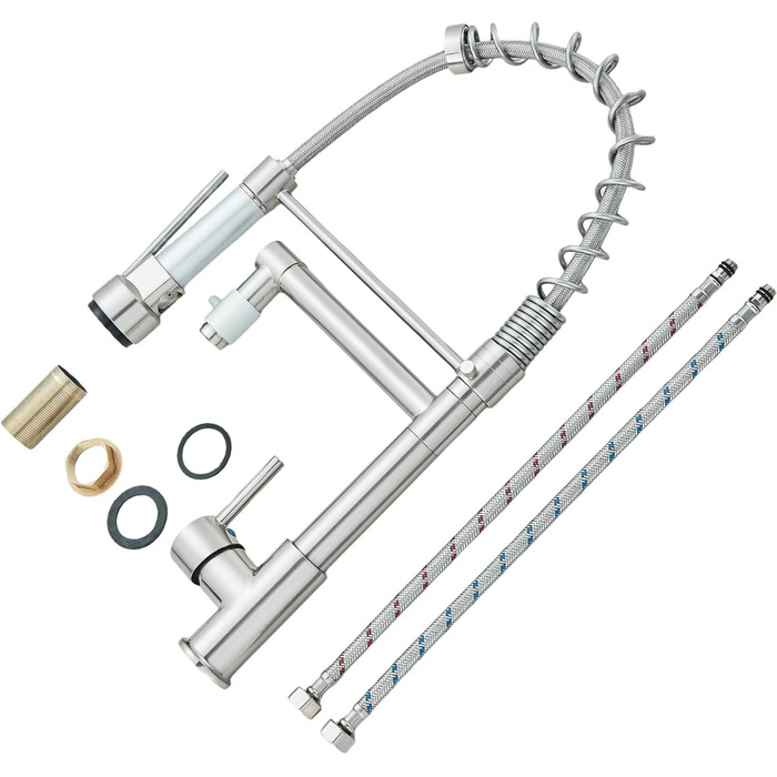 Кухонний змішувач з двома виливами, поворотний на 360°, з високим виливом та спіральною шланговою насадкою. Змішувач для кухні з нержавіючої сталі, оброблений під мідь (щіткова обробка).