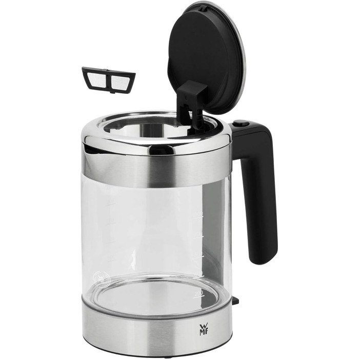 WMF Kitchenminis Kettle Glass 1 Liter, Cordless Small Kettle, Water Level Indicator, Scale Filter, Automatic Shut-Off, 1900 Watts, Cromargan Matt Single