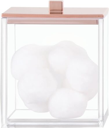 Набір ватних дисків та контейнер для ватних паличок mDesign - сучасне скло для зберігання з кришкою, аксесуар для ванної кімнати, пластик, для косметики та догляду, прозорий/рожеве золото