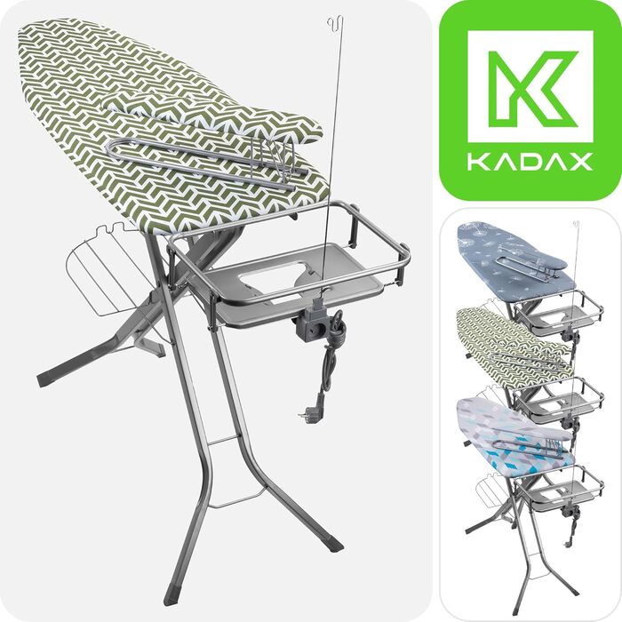 Прасувальна дошка KADAX з підвішувачем для рукавів, 130x41 см, з підставкою для праски та розеткою, складана, Made in EU (зелена)