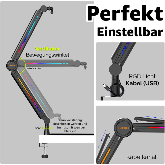 Кріплення мікрофона IXTECH RGB Boom Arm: регульований тримач для стрімінгу, геймінгу, чорний